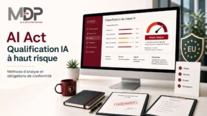 Illustration d’un tableau de bord de conformité AI Act présentant la qualification IA haut risque, avec critères d’usage, secteur, impact et obligations.