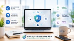 Illustration professionnelle du Shadow AI montrant la gouvernance, la protection des données et la conformité des usages d’intelligence artificielle en entreprise.