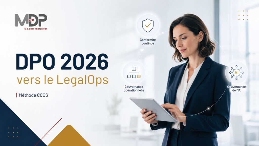 DPO utilisant une tablette pour piloter la conformité continue, la gouvernance de l’IA et les processus LegalOps avec la méthode CCOS.