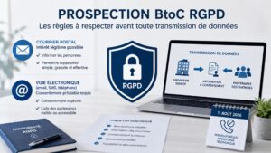 Infographie sur la prospection BtoC RGPD présentant les règles de consentement et de transmission des données personnelles à des partenaires.
