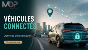 Illustration de véhicules connectés et données personnelles avec une voiture géolocalisée, une carte numérique, des icônes de connectivité et un bouclier de protection des données.