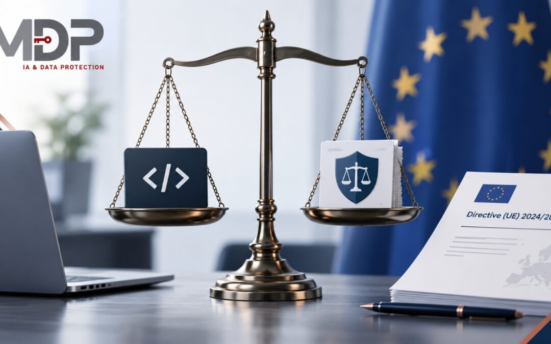Responsabilité produits défectueux logiciel illustrant l’équilibre entre code, protection juridique et directive européenne