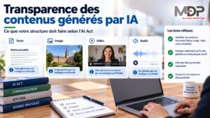 Transparence des contenus générés par IA : exemple d'une image publiée sur un site web avec une mention visible signalant son origine artificielle