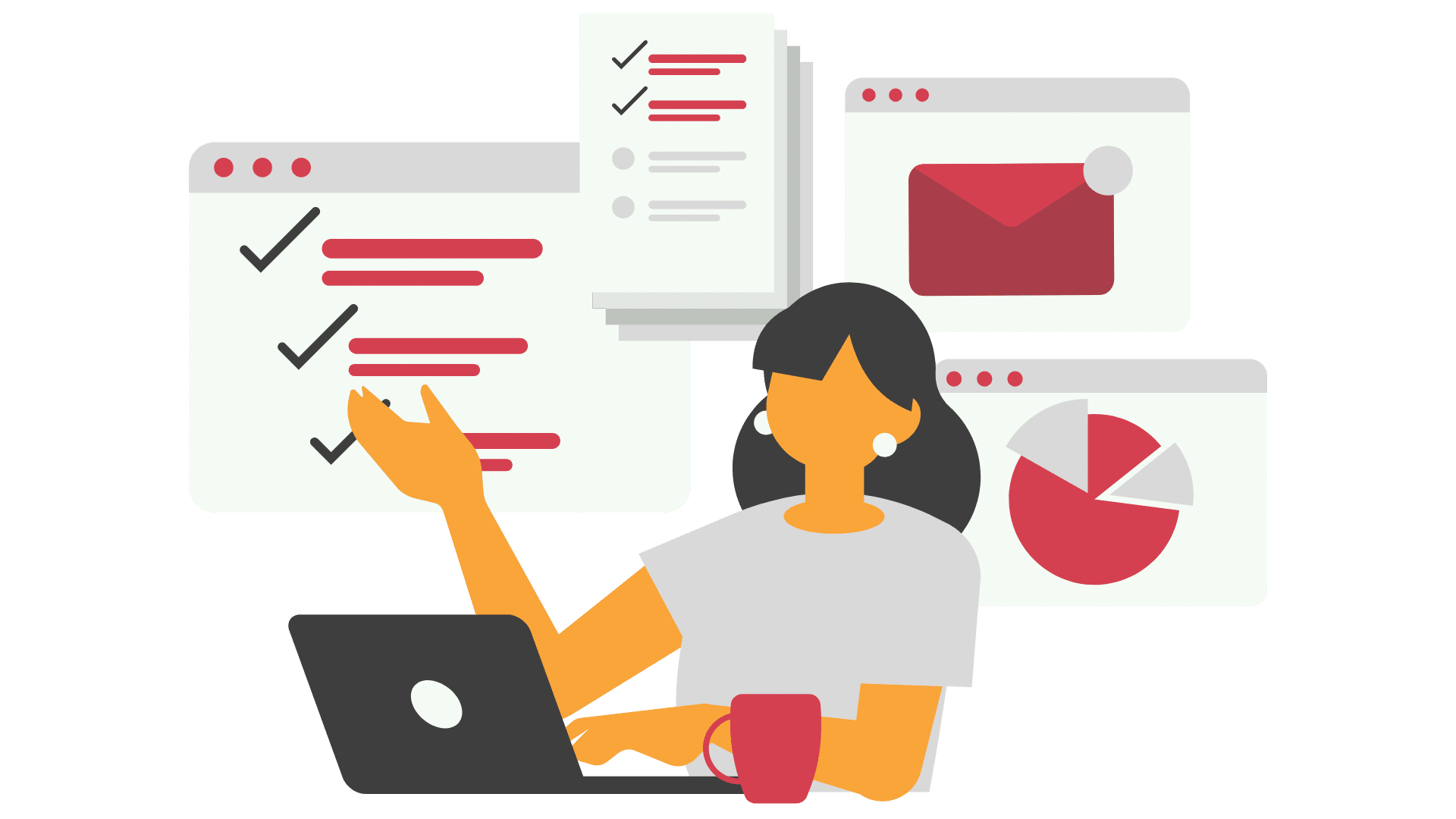 Femme devant un ordinateur avec graphiques, checklist et emails