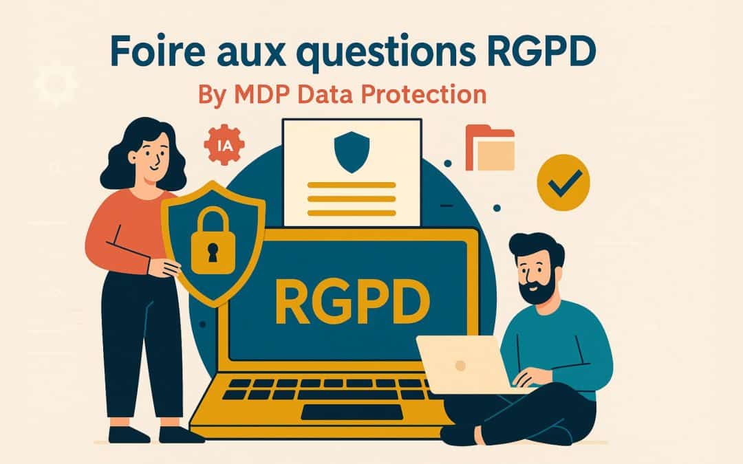 Foire aux questions RGPD illustration représentant deux personnes autour d’un ordinateur affichant “RGPD”, avec icône de sécurité et éléments liés à la conformité numérique (IA, fichiers, check).