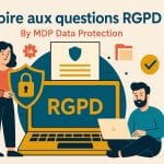 Foire aux questions RGPD illustration représentant deux personnes autour d’un ordinateur affichant “RGPD”, avec icône de sécurité et éléments liés à la conformité numérique (IA, fichiers, check).