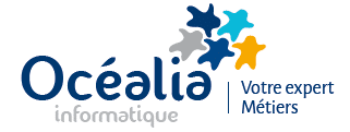 Logo de l’entreprise Océalia informatique avec étoiles colorées et slogan
