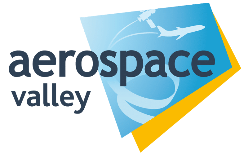 Logo du pôle de compétitivité Aerospace Valley avec avion et satellite