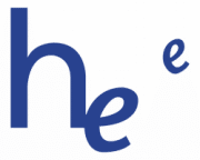 Logo du client Home Enfant avec les lettres manuscrites “he” en bleu.