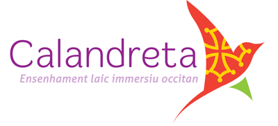 Logo de l’école Calandreta avec oiseau occitan rouge et texte violet