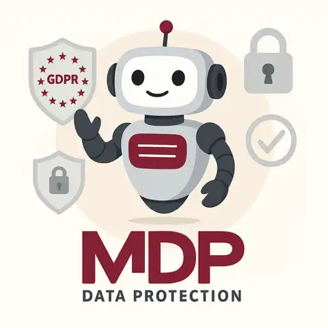 Robot mascotte KAIA MDP entouré d’icônes RGPD et cybersécurité