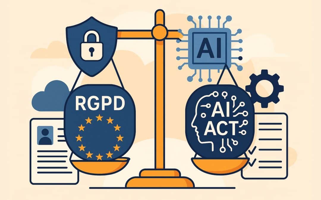 Illustration professionnelle montrant une balance équilibrant le RGPD et l’AI Act, symbolisant les enjeux de conformité entre protection des données et intelligence artificielle.