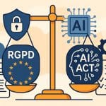 Illustration professionnelle montrant une balance équilibrant le RGPD et l’AI Act, symbolisant les enjeux de conformité entre protection des données et intelligence artificielle.