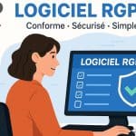 Illustration d’une femme utilisant un logiciel RGPD sur ordinateur avec un écran affichant un bouclier de sécurité et des tâches validées.