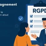 Illustration d’un accompagnement RGPD avec un conseiller présentant les étapes de conformité à une cliente, sur fond de checklist et symbole de sécurité.