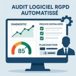 Illustration d’un audit logiciel RGPD automatisé avec tableau de bord, diagnostic rapide, preuves centralisées et plan d’action intelligent.