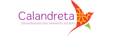 Logo de l’école Calandreta avec oiseau occitan rouge et texte violet