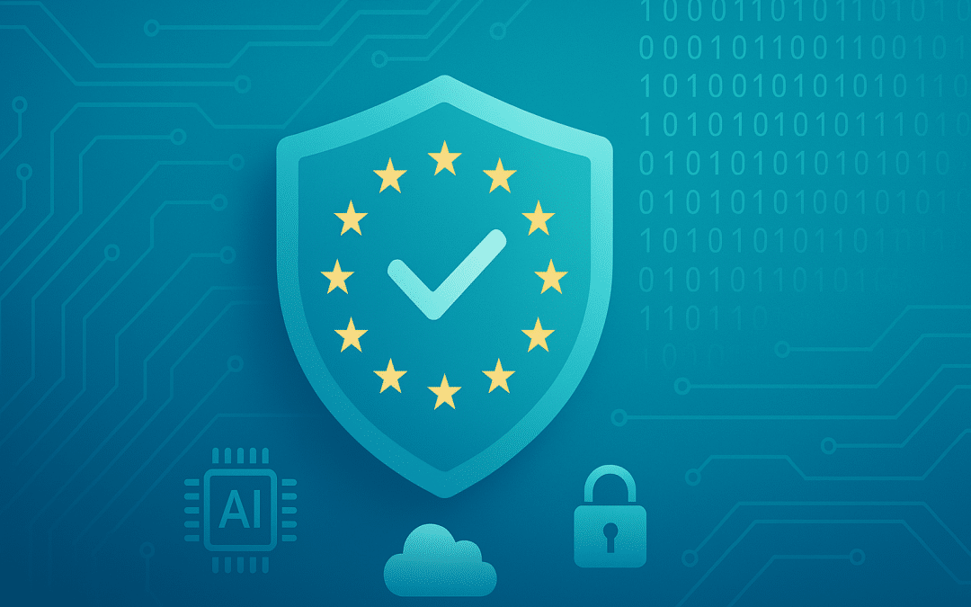 Illustration d’un bouclier bleu entouré d’étoiles européennes symbolisant la mise à jour logiciel RGPD 2025 et la cybersécurité, avec icônes IA, cloud et cadenas