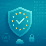 Illustration d’un bouclier bleu entouré d’étoiles européennes symbolisant la mise à jour logiciel RGPD 2025 et la cybersécurité, avec icônes IA, cloud et cadenas
