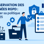 Visuel illustrant la conservation des données personnelles dans le cadre du RGPD en 2025, avec des symboles de protection, archivage et conformité.