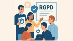 Illustration de formateurs et personnels administratifs discutant du RGPD et de la cybersécurité dans un organisme de formation