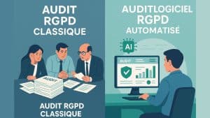 Illustration comparant un audit RGPD classique avec une pile de documents et plusieurs acteurs impliqués, face à un audit logiciel RGPD automatisé via IA avec tableau de bord clair et rapide.