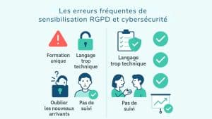 Infographie illustrant les erreurs courantes en sensibilisation RGPD et cybersécurité, comme la formation unique, le langage trop technique, l’oubli des nouveaux arrivants et l’absence de suivi, avec leurs solutions associées.