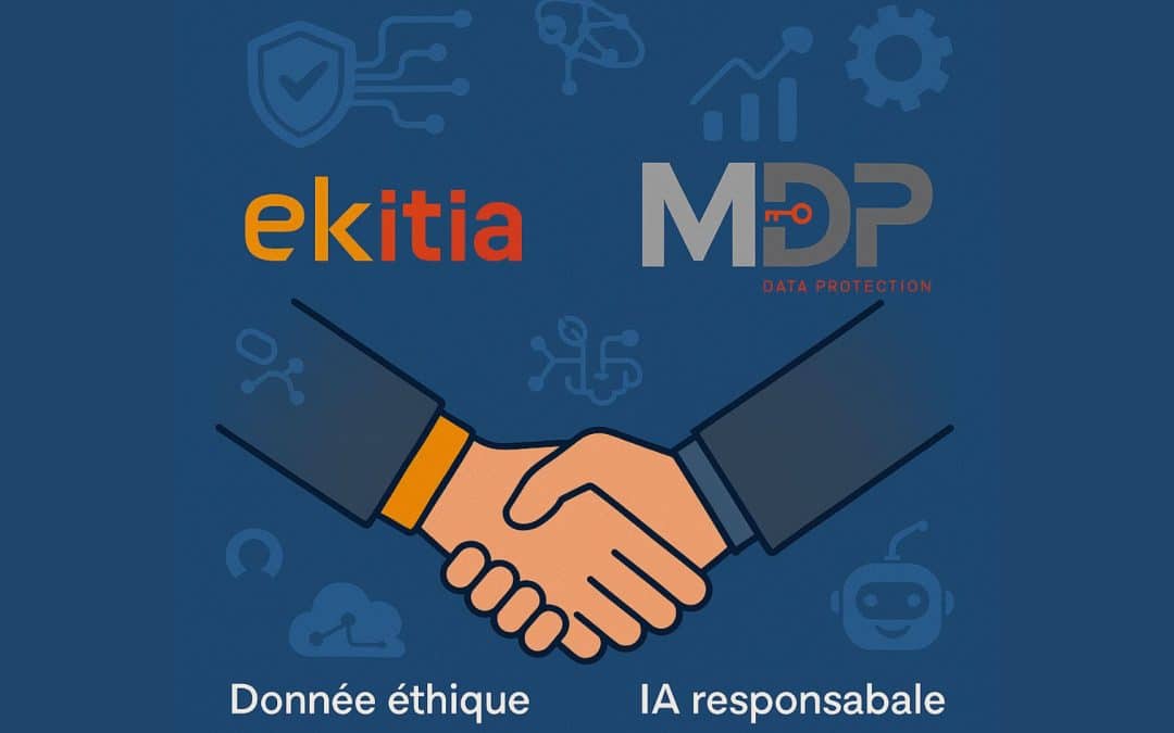 Illustration d’un partenariat entre Ekitia et MDP Data Protection avec une poignée de main symbolisant la collaboration autour de la donnée éthique et de l’IA responsable.