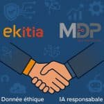 Illustration d’un partenariat entre Ekitia et MDP Data Protection avec une poignée de main symbolisant la collaboration autour de la donnée éthique et de l’IA responsable.