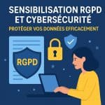 Illustration représentant la sensibilisation RGPD et cybersécurité avec une professionnelle travaillant sur un ordinateur, entourée d’icônes de protection des données (cadenas, bouclier, RGPD).