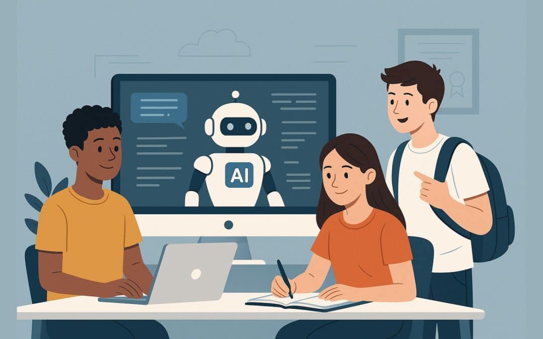 Illustration d’apprentis utilisant des outils numériques encadrés par l’intelligence artificielle dans un contexte éducatif
