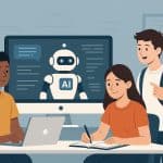 Illustration d’apprentis utilisant des outils numériques encadrés par l’intelligence artificielle dans un contexte éducatif