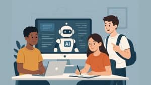 Illustration d’apprentis utilisant des outils numériques encadrés par l’intelligence artificielle dans un contexte éducatif