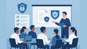 Illustration d’une salle de formation avec un formateur et des apprenants, mettant en avant la conformité Qualiopi et RGPD à travers des check-lists et symboles de sécurité.