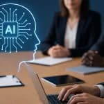 Illustration professionnelle montrant l’intégration de l’intelligence artificielle dans la formation professionnelle avec supervision humaine