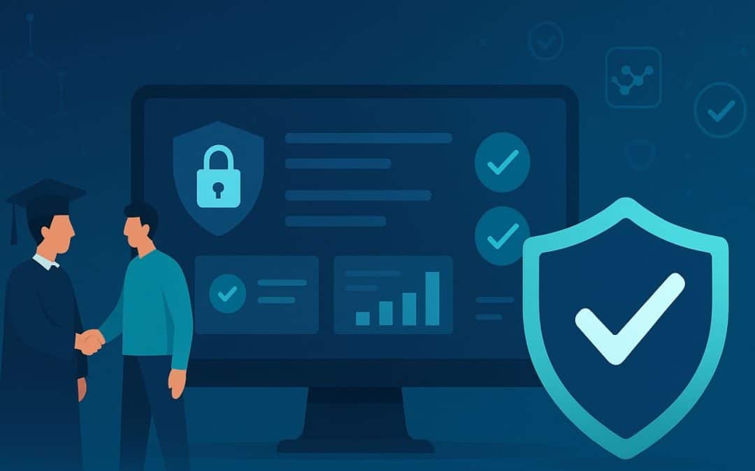 Logiciel RGPD pour organismes de formation : écran sécurisé, bouclier de conformité et poignée de main symbolisant Qualiopi