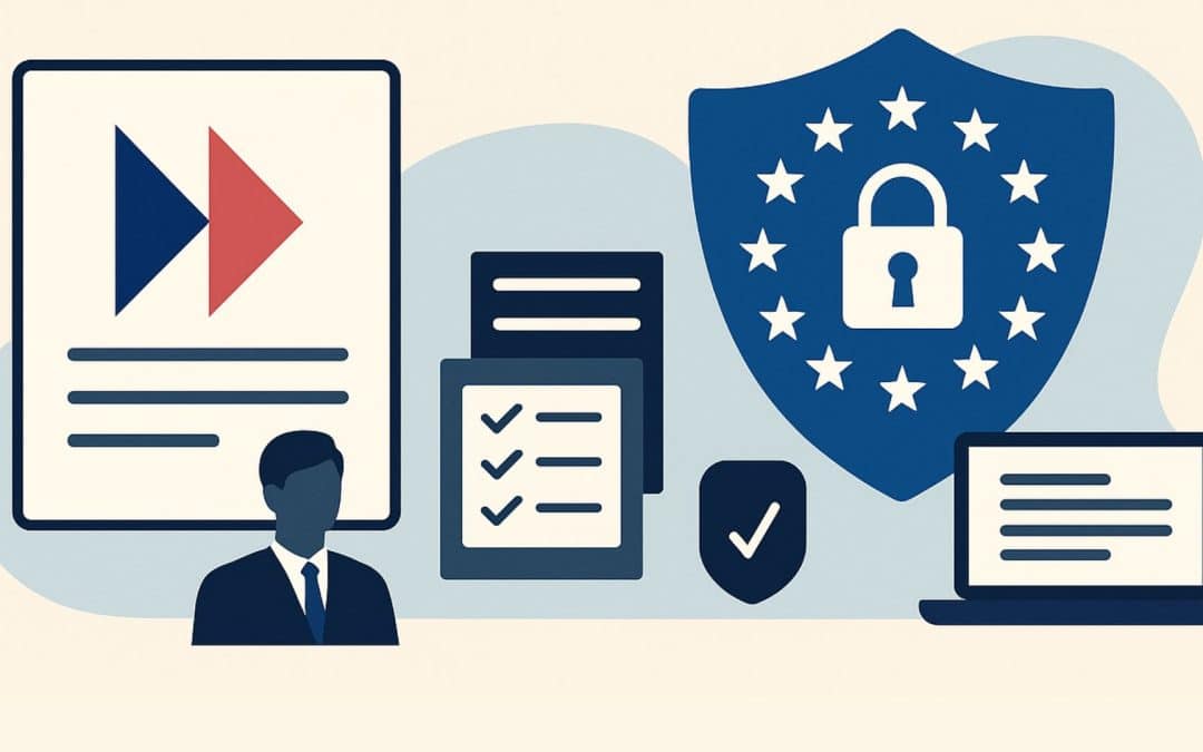 Illustration professionnelle représentant la certification Qualiopi et la conformité RGPD pour les organismes de formation, avec symboles de sécurité, documents et audit.