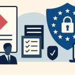 Illustration professionnelle représentant la certification Qualiopi et la conformité RGPD pour les organismes de formation, avec symboles de sécurité, documents et audit.