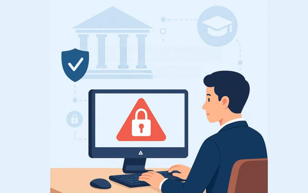 Illustration d’un professionnel en CFA travaillant sur ordinateur, avec un cadenas rouge symbolisant une alerte de cybersécurité et la mention "Cybersécurité Éducation".
