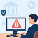 Illustration d’un professionnel en CFA travaillant sur ordinateur, avec un cadenas rouge symbolisant une alerte de cybersécurité et la mention "Cybersécurité Éducation".