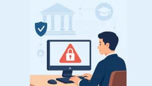 Illustration d’un professionnel en CFA travaillant sur ordinateur, avec un cadenas rouge symbolisant une alerte de cybersécurité et la mention "Cybersécurité Éducation".