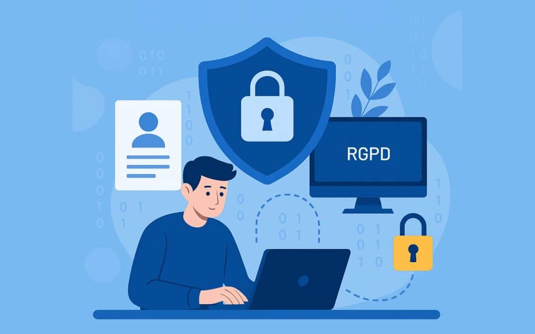 Illustration de la cybersécurité dans les CFA avec un étudiant, un cadenas et une protection des données RGPD
