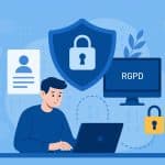 Illustration de la cybersécurité dans les CFA avec un étudiant, un cadenas et une protection des données RGPD