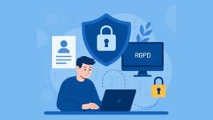 Illustration de la cybersécurité dans les CFA avec un étudiant, un cadenas et une protection des données RGPD