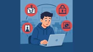 Illustration d’un apprenant en CFA entouré de pictogrammes représentant des menaces cyber (phishing, ransomware, DDoS, BYOD).