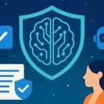 Illustration moderne sur la conformité IA Act avec symbole de cerveau numérique, checkmarks et figure humaine