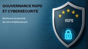 Illustration sur la gouvernance RGPD et la cybersécurité avec un bouclier GDPR et cadenas numérique, symbole de conformité et protection des données.