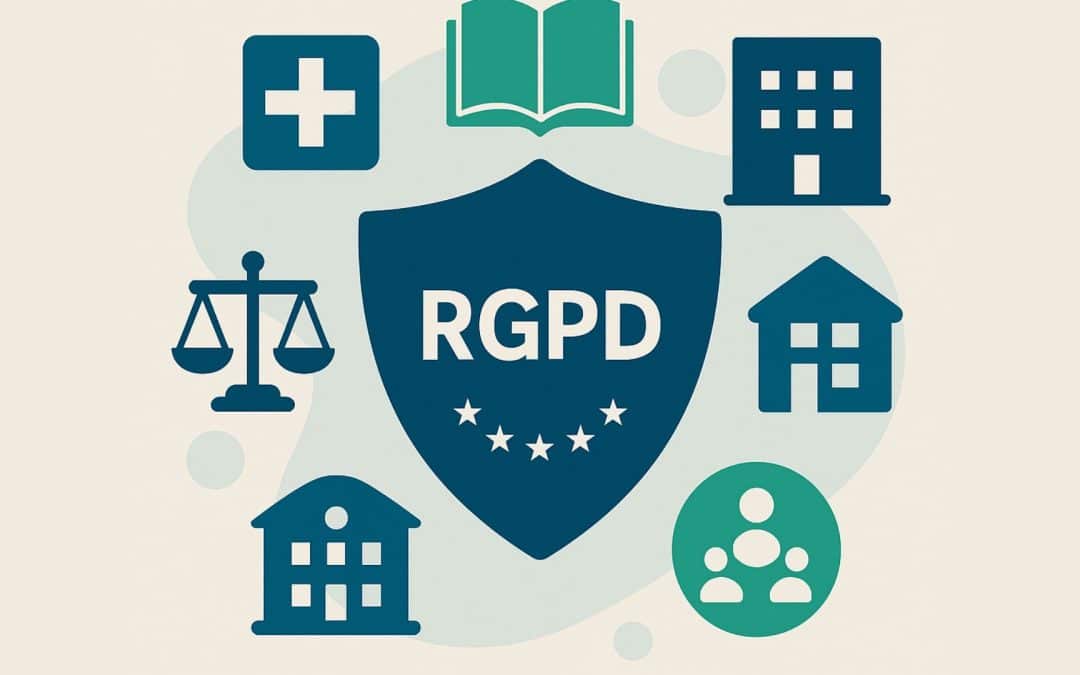 Illustration en flat design représentant la conformité RGPD avec un bouclier central entouré d’icônes des secteurs santé, éducation, entreprise, associations et juridique