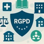 Illustration en flat design représentant la conformité RGPD avec un bouclier central entouré d’icônes des secteurs santé, éducation, entreprise, associations et juridique