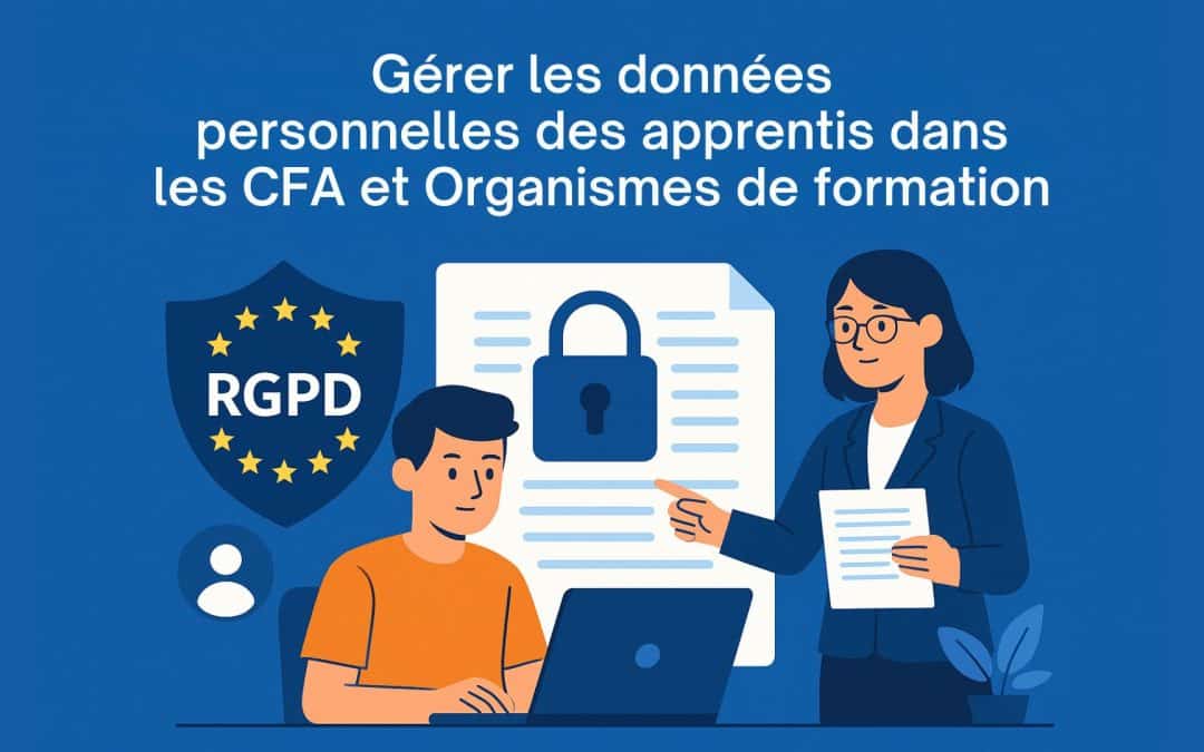 Illustration d’un apprenti utilisant un ordinateur avec un formateur et des icônes RGPD, symbolisant la gestion et la protection des données personnelles en CFA.
